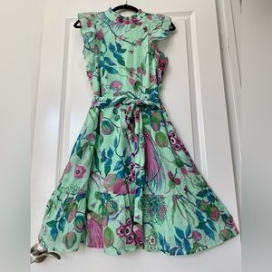 Banjanan Bulbul Floral Belted Cotton Dress In Patina, L